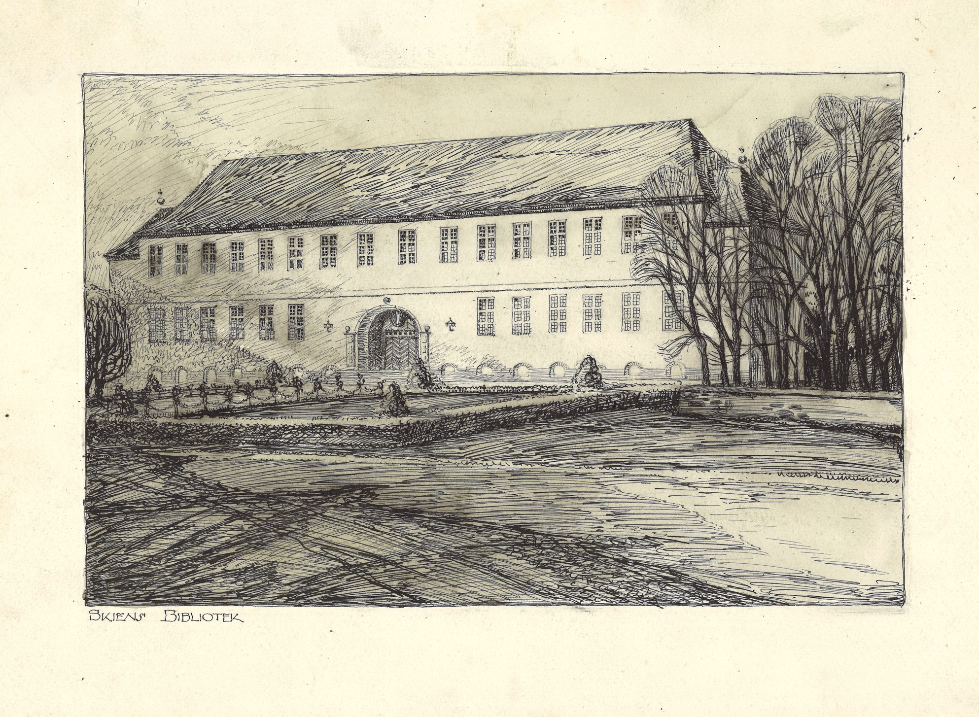 Arkitektskisse for Skien bibliotek i 1926. Urealisert prosjekt. 